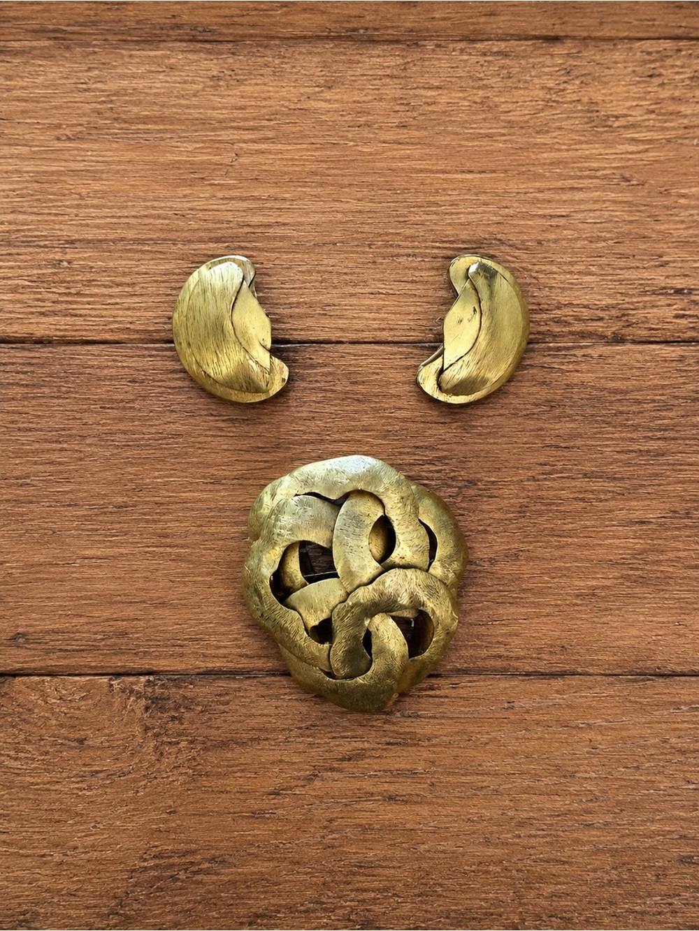 Vintage Silvana Italy Brutalist Gold-Tone Brooch & Clip-On Earrings Set
